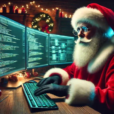 DALL·E 2024-12-18 15.07.43 – A hyper-realistic, cinematic photograph of Santa Claus sitting at a dimly lit wooden desk, multiple computer screens glowing in front of him. He wears