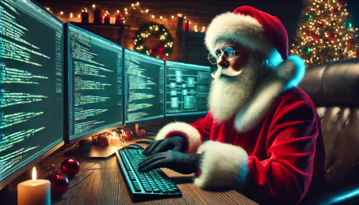 DALL·E 2024-12-18 15.07.43 – A hyper-realistic, cinematic photograph of Santa Claus sitting at a dimly lit wooden desk, multiple computer screens glowing in front of him. He wears